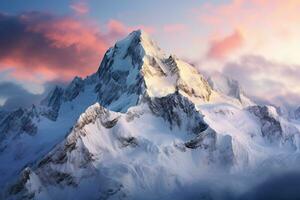 hermosa Nevado montaña picos rodeado por brumoso nubes, generativo ai foto