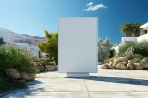 large white empty advertising screen against the backdrop of natural mountains. Mock up or copyspace photo