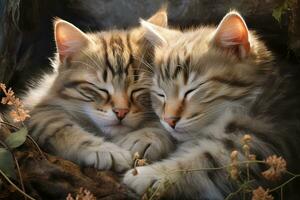 a pair of cute tabby cats sleep together photo