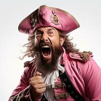 A middle aged pirate with brown hair and beard wearing a pink cocked hat and outfit. photo