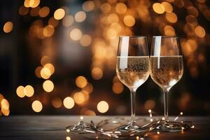 Two crystal glasses of champagne on a blurred background of bokeh garlands photo