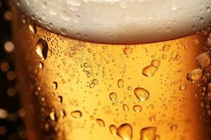 Close up of a backlit glass of delicious golden beer covered with water drops. Bar background photo