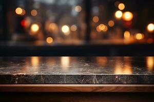 Selective focus of dark blue marble countertop on wooden counter. Luxury kitchen bokeh background photo