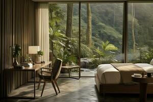 Tropical mountains minimalist hotel room interior with big wide windows, big table and soft cozy bed photo