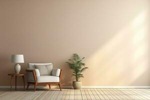 Stylish room interior with a white leather chair, a coffee table, a plant in a pot on a background of a beige wall photo