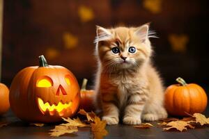 cute fluffy ginger kitten sitting next to halloween pumpkin, generative ai photo