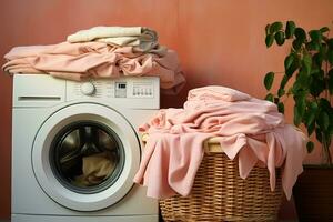 A pile of pastel pink and beige clothes prepared for washing in a laundry basket and in a washing machine on a pink wall background photo