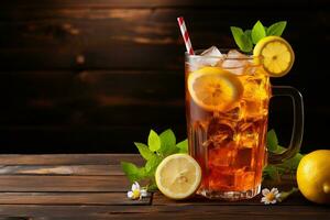 a glass of refreshing ice tea with lemon on a dark wooden background photo