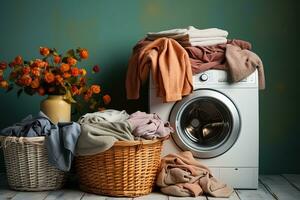 A pile of pastel colored clothes prepared for washing in a laundry baskets around a washing machine photo