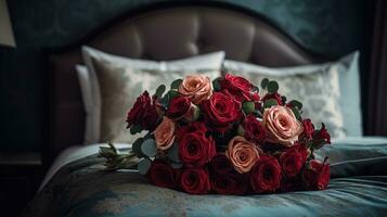 a luxurious bouquet of red and pink roses lies on a bed in a hotel photo