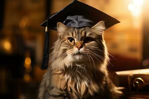 Serious cute fluffy tabby cat graduate wearing a square academic hat on a blurred background photo