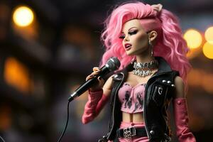 Pink hair Doll in punk outfit sings into a microphone, generative ai photo