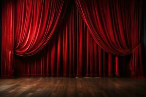 open red curtain on stage of theater, opera or cinema slightly ajar, empty scene background photo