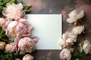 mockup white blank paper sheet with pink peonies flowers top view, floral template empty card flat lay for design with copy space photo