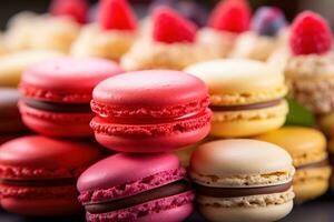 close up of delicious bright macaroons, colorful sweets photo