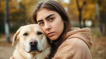 Portrait of a young girl hugging a dog in the park photo