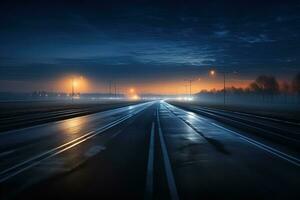 ver de un autopista a noche, brillantemente iluminado con naranja luces en un oscuro azul nublado noche foto