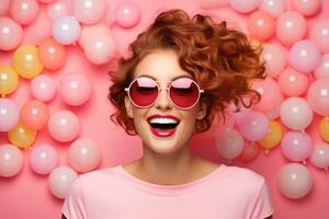 Portrait of a young attractive redhead curly smiling woman wearing round sunglasses on a pink background covered with balloons photo