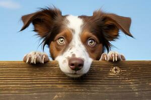 Cute brown and white dog peeking out of a wooden board against a blue sky photo