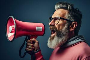 Stylish bearded gray haired man in a pink sweatshirt shouts into a megaphone photo