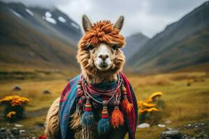 retrato de un alpaca en el Valle de el verde montañas foto