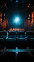 Cinema seats with spotlight and blank screen photo