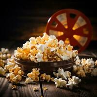 Film reel and popcorn on rustic background photo
