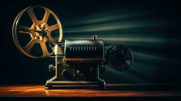 Movie projector with blank film reel on table photo