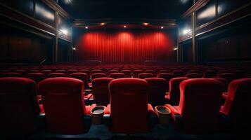 rojo terciopelo cine asientos con blanco pantalla foto