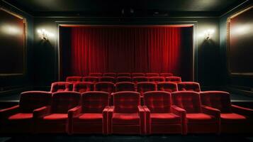 Red velvet cinema seats with blank screen photo