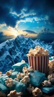 Movie tickets and popcorn on blue background photo