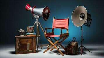 Director's chair with megaphone and clapboard photo