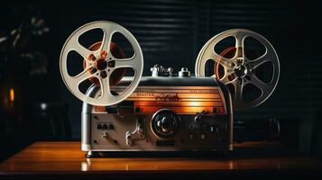 Movie projector with blank film reel on table photo