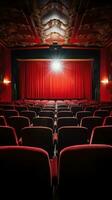 rojo terciopelo cine asientos con blanco pantalla foto