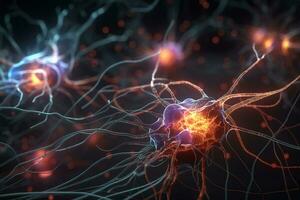 Network of glowing neural cells in the brain. Abstract scientific background, generative ai photo