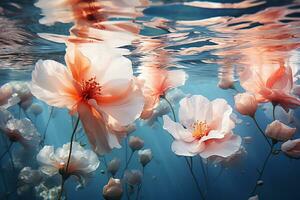 Beautiful pink flowers under clear water photo