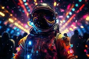 Astronaut in a spacesuit and helmet in a rave club among the party crowd photo