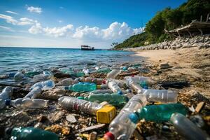 a pile of plastic garbage on the sea beach, environmental pollution photo
