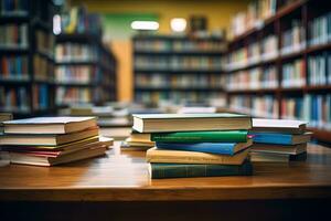 varios pilas de libros en un mesa en un biblioteca en contra un borroso antecedentes de estantería foto