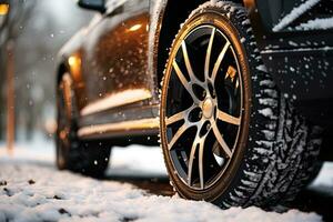 lado ver de ruedas con invierno llantas en un negro coche en un Nevado la carretera en el noche foto