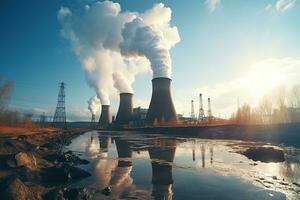 Big power plant or factory polluting the nature. Ecology concept landscape photo