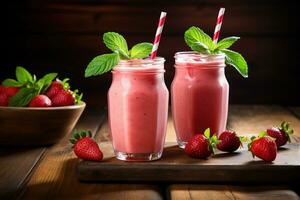 Two glasses of delicious strawberry smoothie on a cutting board among strawberries photo