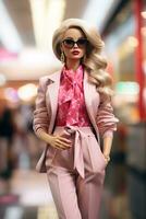 Vertical image of a blonde doll in a trendy pink stylish outfit, generative ai photo