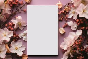 blank vertical card mockup on pink background surrounded by flowers, template white sheet of paper for design photo