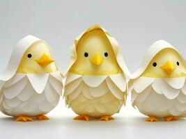 Pascua de Resurrección polluelos en origami estilo aislado en un blanco antecedentes. Pascua de Resurrección huevos y pollos hecho de papel en un blanco antecedentes. foto
