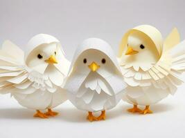 Easter chicks in origami style isolated on a white background. Easter eggs and chickens made of paper on a white background. photo