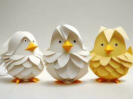 Easter chicks in origami style isolated on a white background. Easter eggs and chickens made of paper on a white background. photo