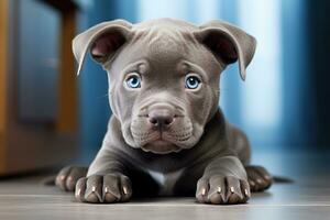 Cute adorable blue-eyed blue American Staffordshire puppy lies on the floor in the living room. photo