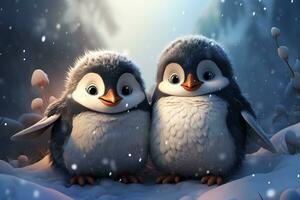Two cute baby penguins in cartoon style hugging under falling snow photo