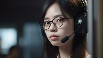 portrait black-haired young asian woman in glasses and with headphones with a microphone from the support service, generative ai photo